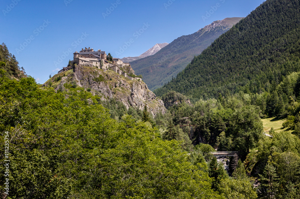 Middle Age castle and forest, Queyras region, Alps, France