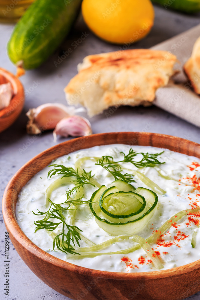 Greek salad tzatziki of cucumber, yogurt , olive oil, garlic, di Greek salad tzatziki of cucumber, yogurt , olive oil, garlic, di