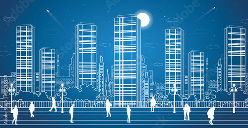 City panorama, office buildings and shopping centers, people walk on the square, the city's infrastructure, airplane fly, vector design art
