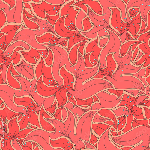 Hand drawn red leaves and flowers vector seamless pattern. Modern stylish floral decorative ornament. Repeating background for textiles, wrapping paper, prints or wallpapers.