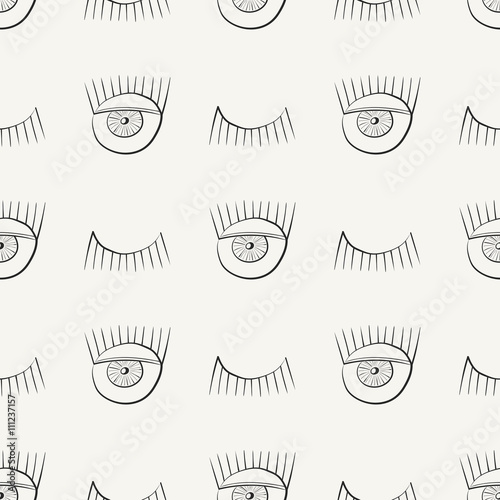 Hand drawn seamless pattern with symbols of open and closed eye. Modern stylish linear decorative ornament. Repeating background for fabric, wrapping paper or wallpaper. Isolated vector illustration.