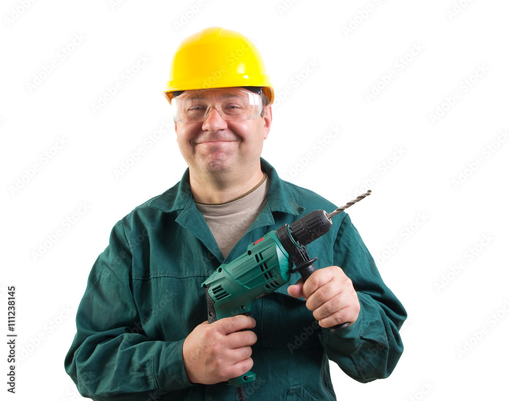 funny workman with a drill, clipping path included funny workman with a drill, clipping path included
