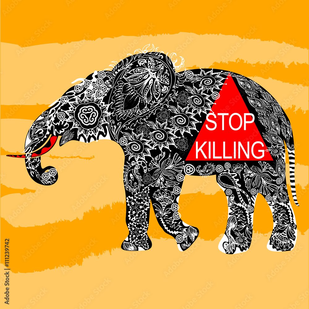 Poster to stop animal hunt. Silhouette of elephant in floral pattern with Stop  Killing slogan. Vector Illustration Stock Vector | Adobe Stock