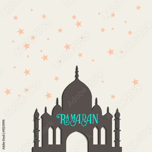 Ramadan vector greeting card with silhouette of mosque. Vector multicolor seamless background. Ramadan Kareem.
