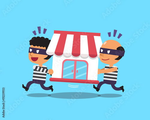Cartoon thieves stealing shop building