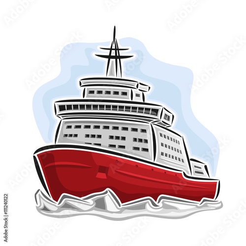Vector illustration of logo for arctic icebreaker nuclear powered, consisting of  diesel-electric ice-breaker, floating on the frozen northern ocean sea, splitting ice close-up on blue background