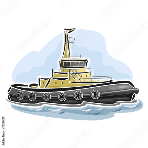 Vector illustration of logo for tugboat tow-line at the seaport, consisting of powerful tug in port harbor to take in tow, floating on the ocean sea waves close-up on blue background