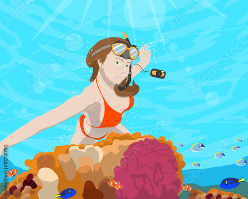 Woman diver photographer going to take pictures of marine fish near coral. Vector illustration