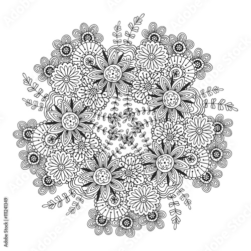 Vector mandala with flowers pattern. Adult coloring book page. Floral design for decoration.
