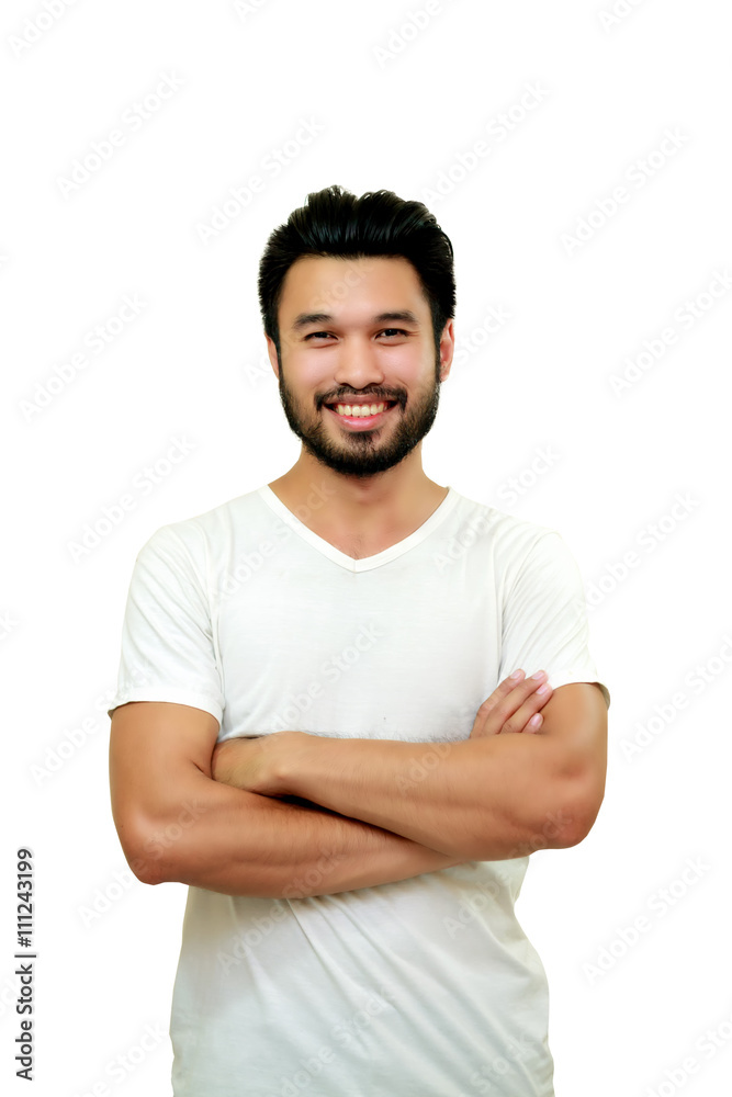 Asian handsome man with a mustache, smiling and laughing Asian handsome man with a mustache, smiling and laughing