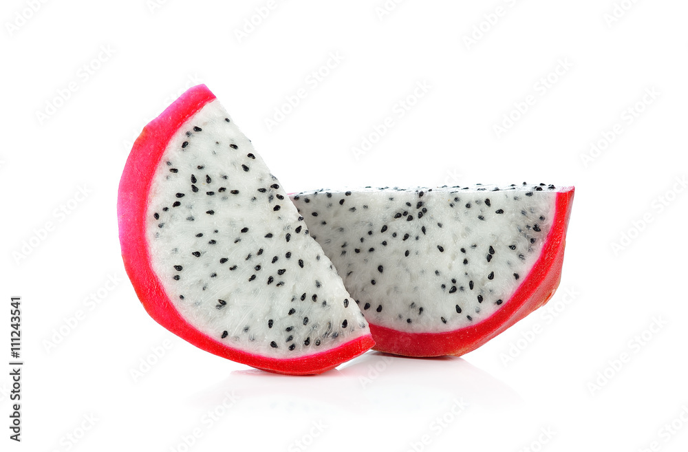 A slice of pitahaya fruit isolated on white background A slice of pitahaya fruit isolated on white background