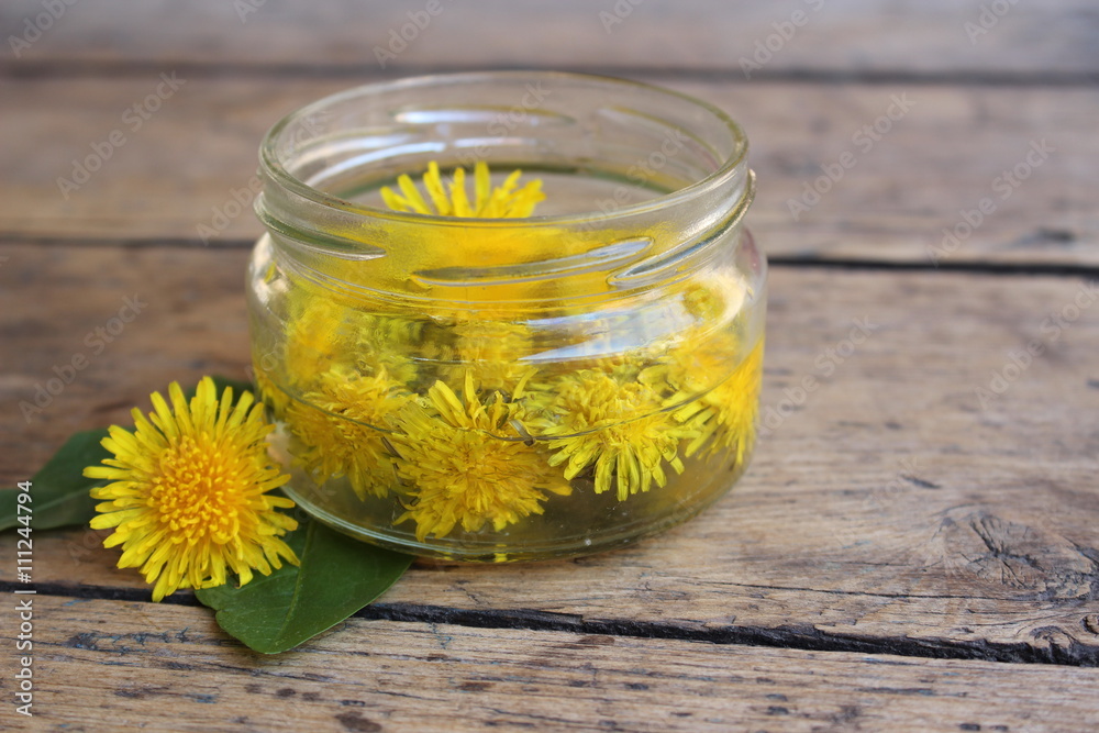 Dandelion flower in a glass jar with water. Dandelion flower in a glass jar with water.