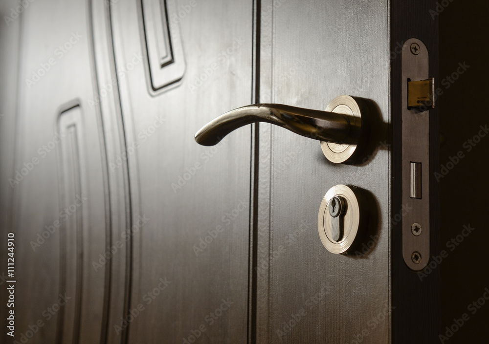 Obraz premium the part of door with metal handle and keyhole