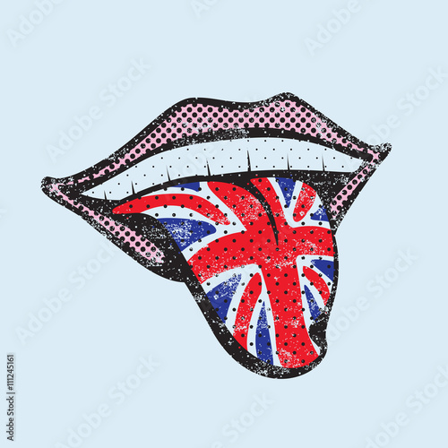 Great Britain flag on tongue. Language communication concept