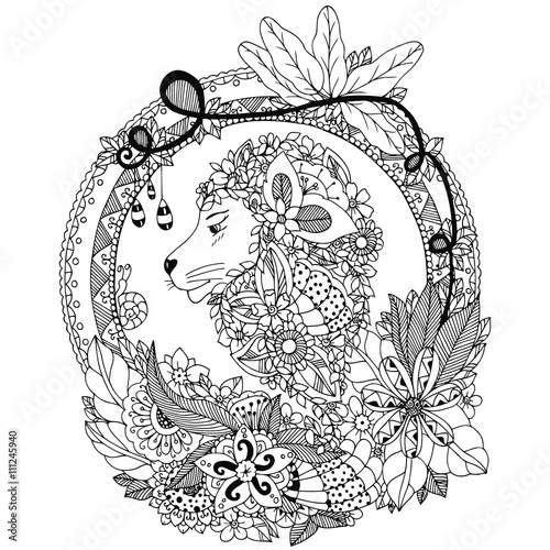 Fototapeta Naklejka Na Ścianę i Meble -  Vector illustration Zen Tangle lion in a circular floral frame. Doodle flowers, portrait. Coloring book anti stress. Black and white.