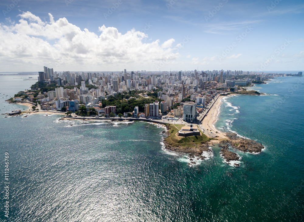 Aerial view of Barra Lighthouse and Salvador cityscape, Bahia, Brazil