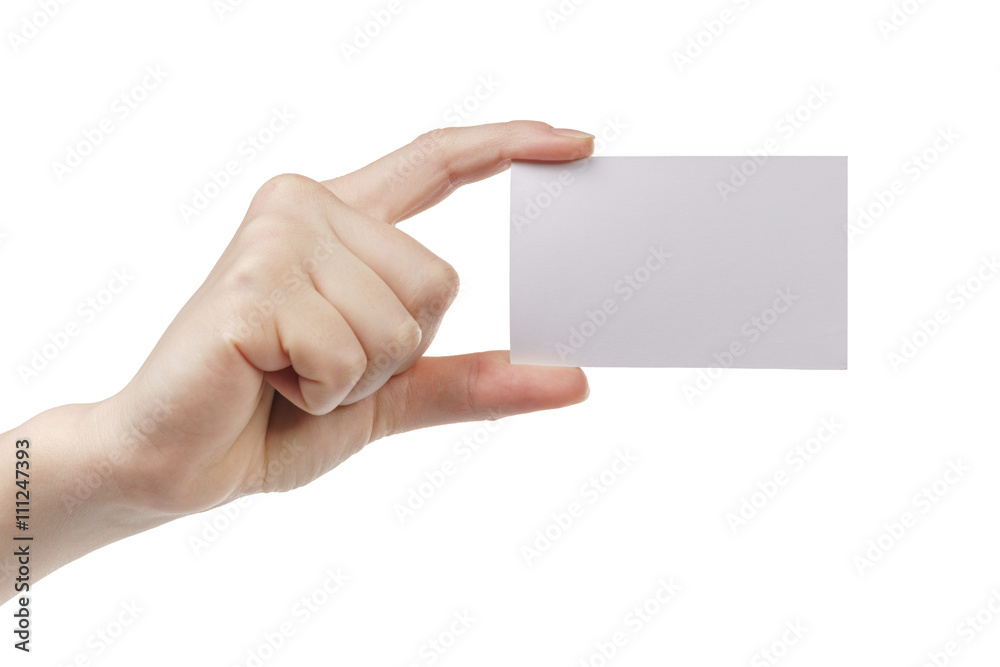 young woman hand showing empty paper card to camera, isolated on white background young woman hand showing empty paper card to camera, isolated on white background