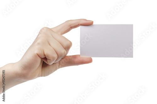 young woman hand showing empty paper card to camera, isolated on white background