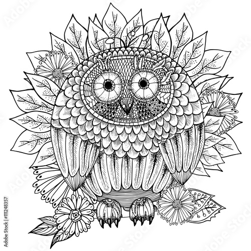 hand drawn illustration of owl in zentangle style