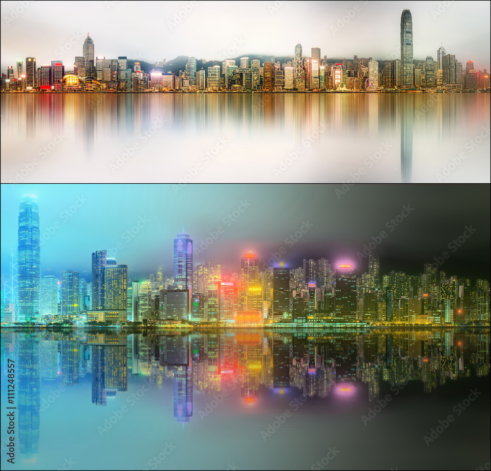 Fototapeta premium Beautiful cityscape set and collage of Financial district, Hong Kong