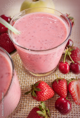 Banana and strawberry smoothie with chia seeds. 