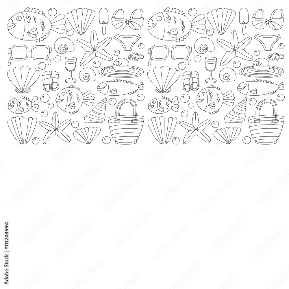 Vector doodle pictures of beach vacation and tropical sea life