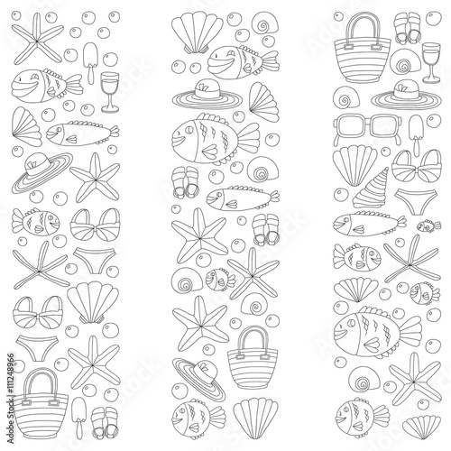Vector doodle pictures of beach vacation and tropical sea life