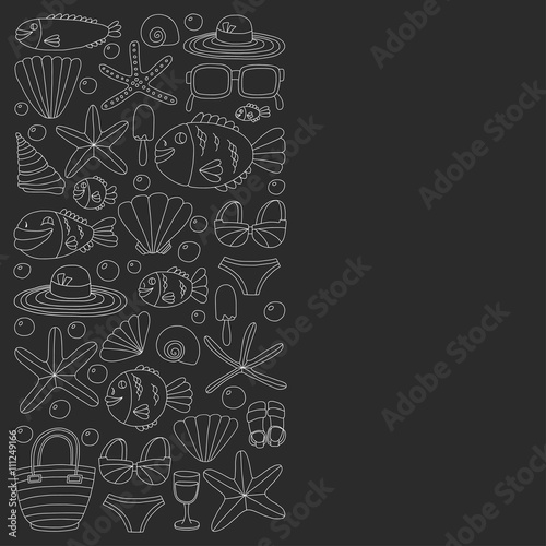 Vector doodle pictures of beach vacation and tropical sea life