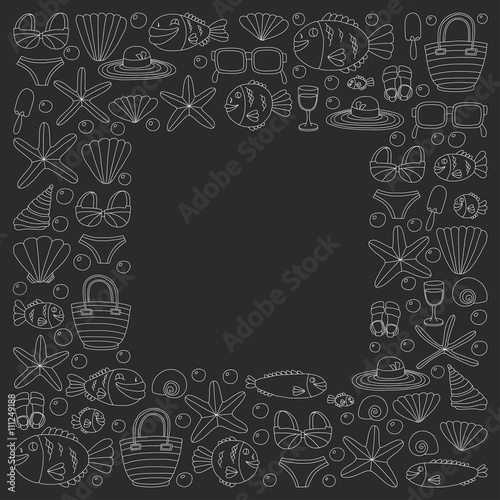 Vector doodle pictures of beach vacation and tropical sea life