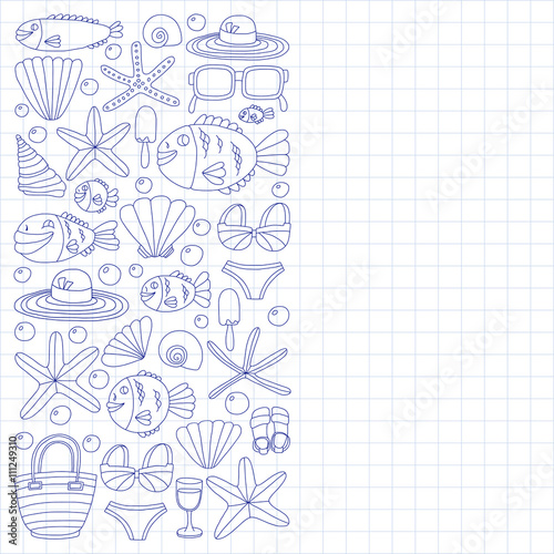 Vector doodle pictures of beach vacation and tropical sea life