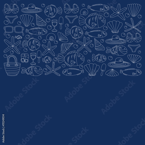 Vector doodle pictures of beach vacation and tropical sea life