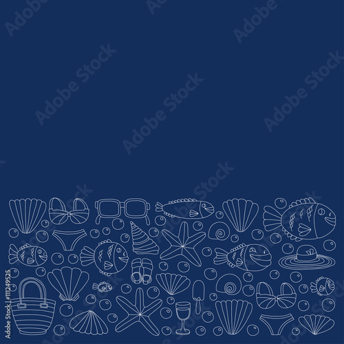 Vector doodle pictures of beach vacation and tropical sea life