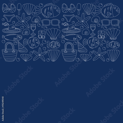 Vector doodle pictures of beach vacation and tropical sea life