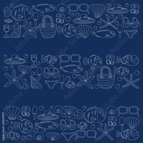 Vector doodle pictures of beach vacation and tropical sea life