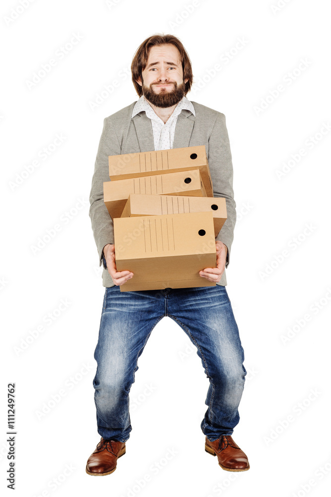 man holding a many folder isolated on white background. Concept man holding a many folder isolated on white background. Concept