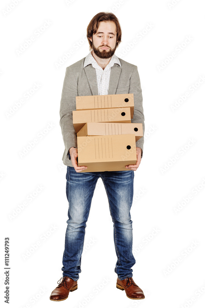 man holding a many folder isolated on white background.