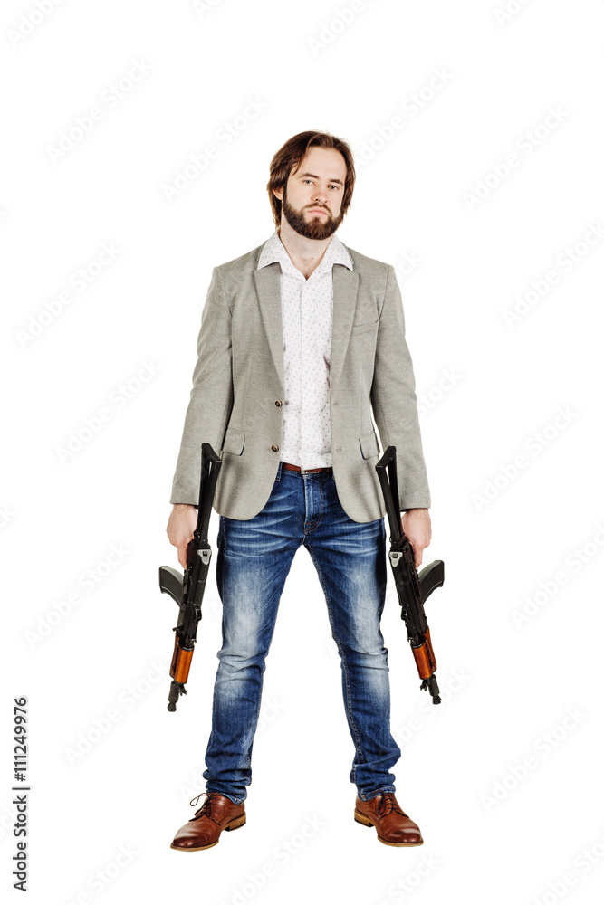 man holding a machine gun isolated on white background man holding a machine gun isolated on white background