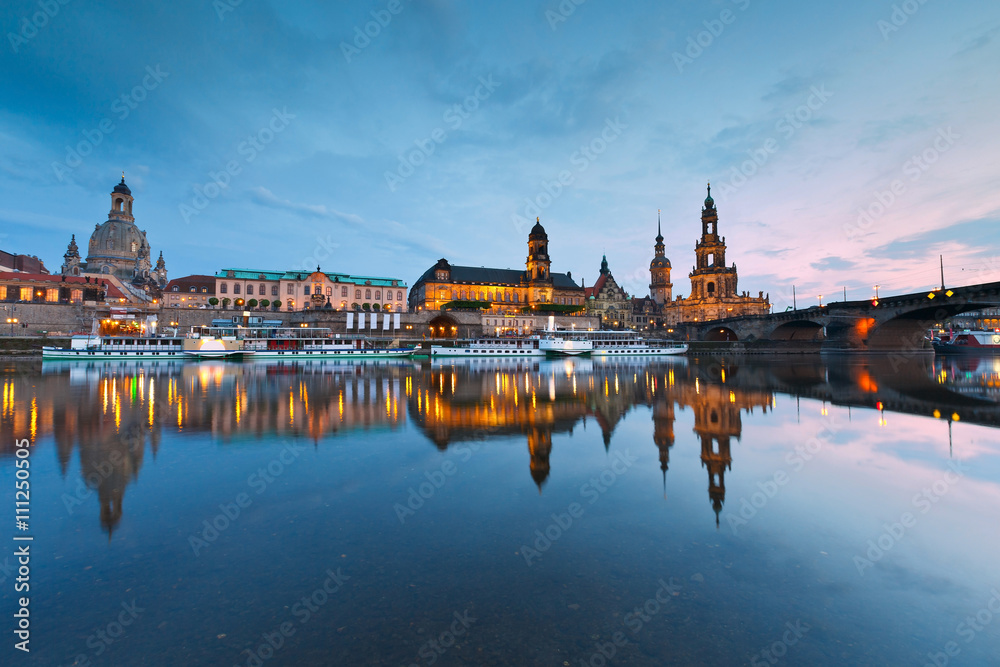 View of the old town of Dresden over river Elbe, Germany.