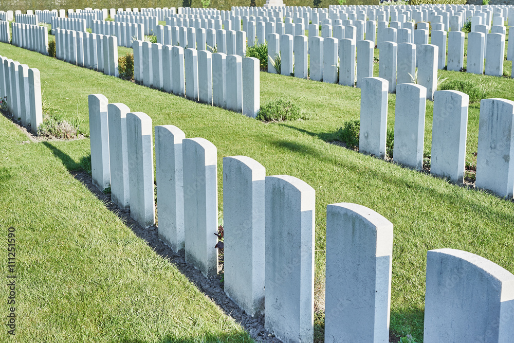 memorial for fallen soldiers of world war one in Belgium / white gravestones on cemetery in Belgium
