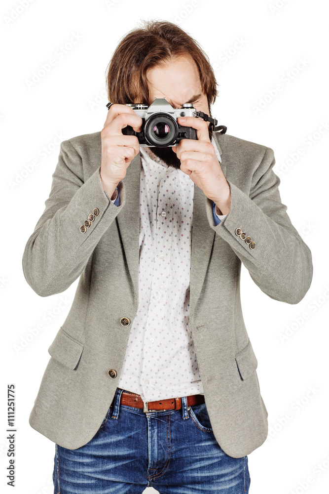photographer with old retro film camera. isolated on white background photographer with old retro film camera. isolated on white background