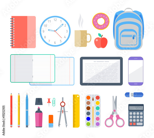 School and education workplace items. Vector flat illustration of top view object set. Isolated school, education workspace accessories on white background. Infographic elements for web, presentation