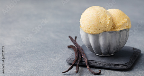 Vanilla Ice Cream with vanilla pods in metal vintage bowl Copy space