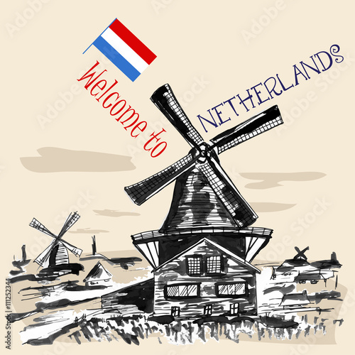 Traditional  Netherlands landscape with windmills