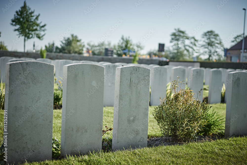 memorial for fallen soldiers of world war one in Belgium / white gravestones on cemetery in Belgium