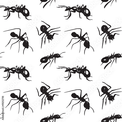 Seamless pattern with hand drawn black ants