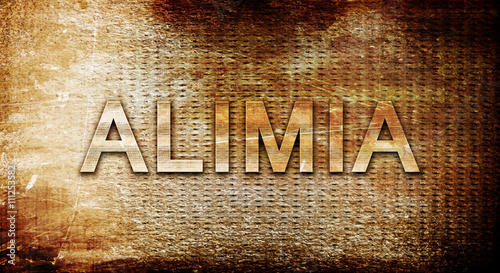 Alimia, 3D rendering, text on a metal background photo