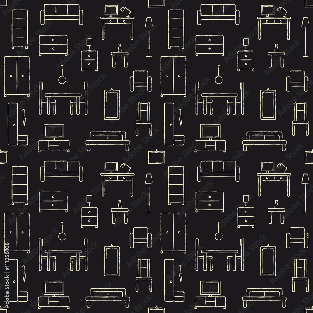 Vector seamless pattern background with hand drawn home furniture outline icons 2