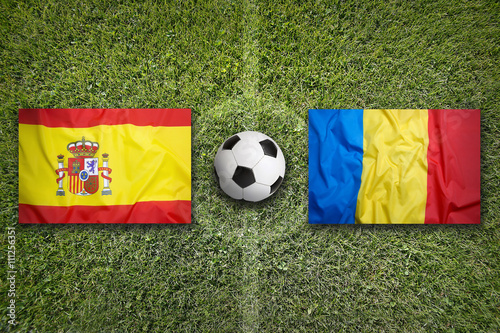 Spain vs. Romania flags on soccer field