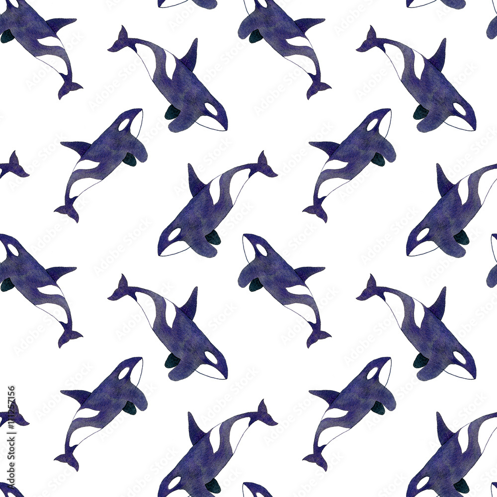 Fototapeta premium Orca or killer whale. Seamless watercolor pattern