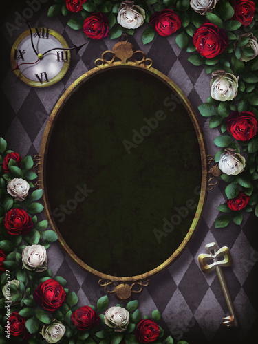 Alice in Wonderland. Red roses and white roses on chess background. Clock and key. Wonderland background. Rose flower frame. Illustration